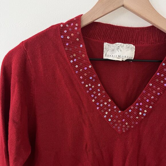 Womens Debbie Morgan Red Tight Knit Pullover Sequin V-Neck Sweater Size PXL - Picture 2 of 7